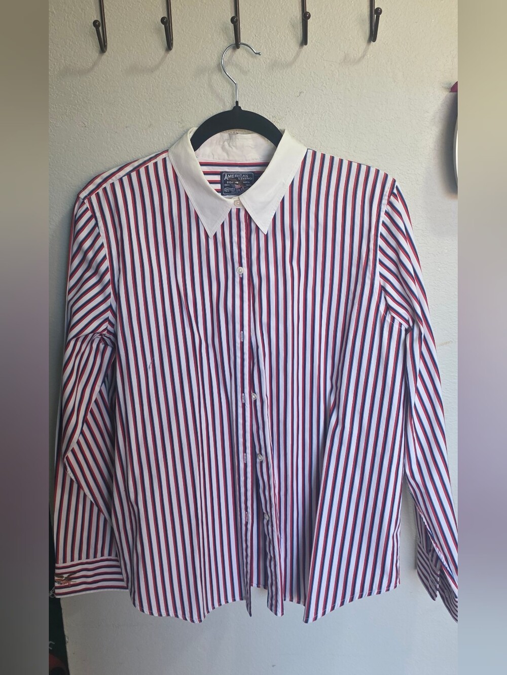 American Living White-Collar Button-Up with Red and Blue Stripes